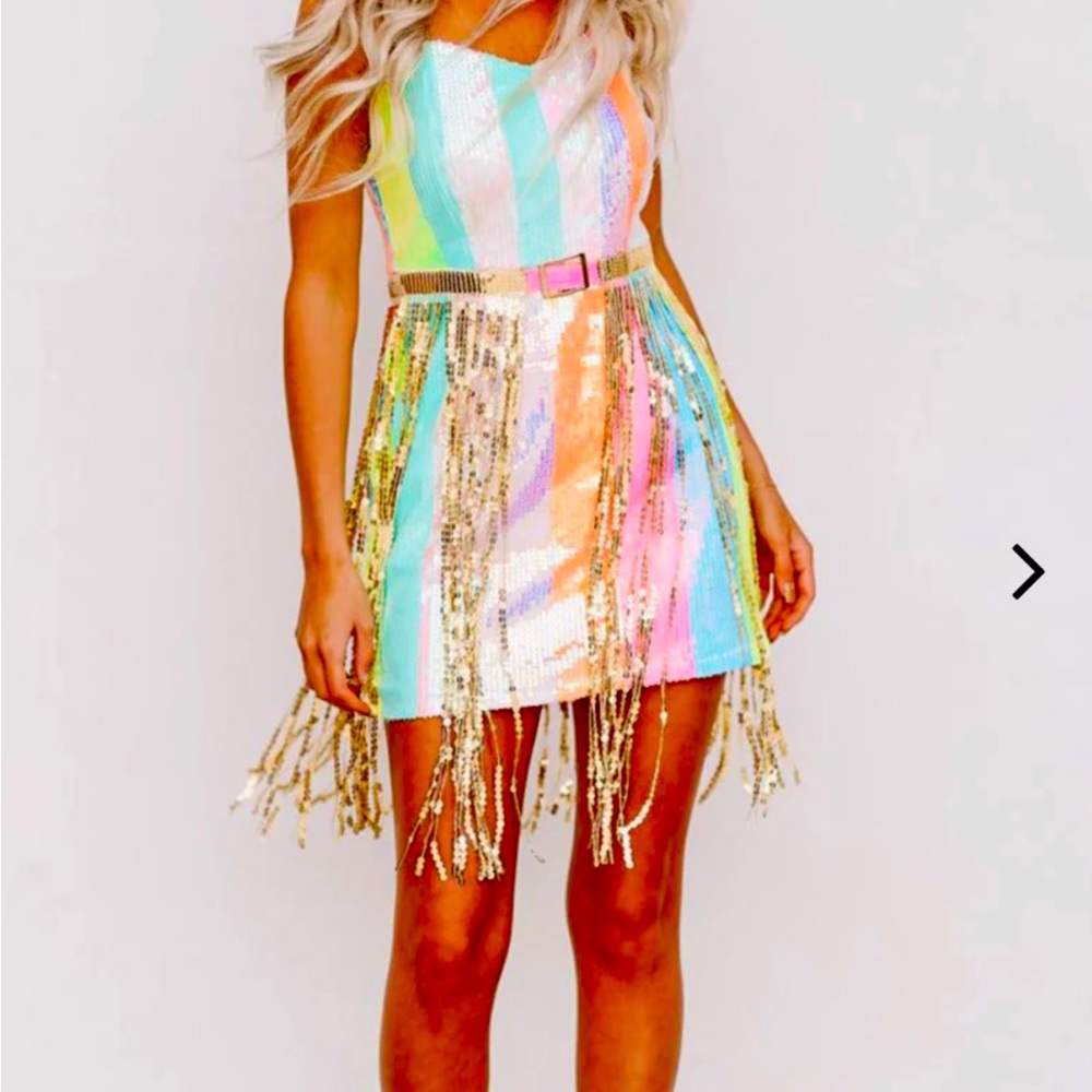 NWT rainbow and gold fringe dress